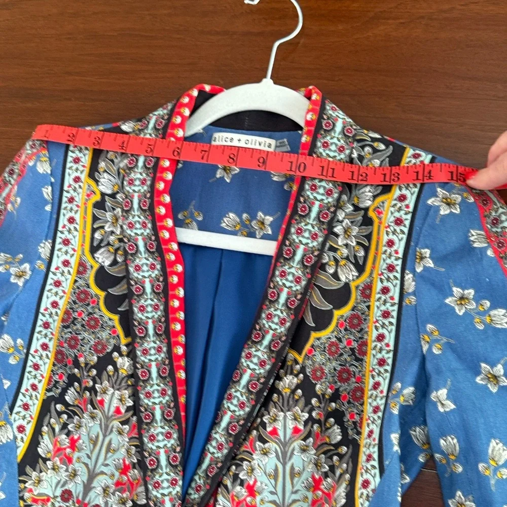 Alice + Olivia Macey Linen Blazer Floral Scarf Print Blue Red Size 2 - Picture 10 of 16